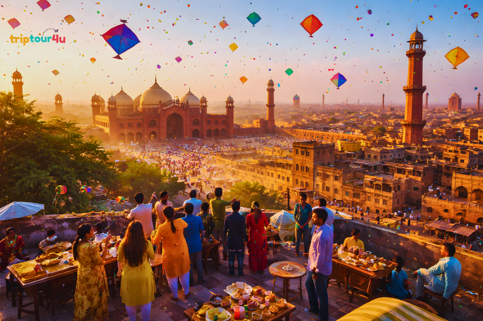 Basant festival in Lahore with colorful kites flying over rooftops near Badshahi Mosque during spring celebrations