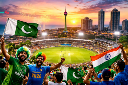 Fans celebrating at R. Premadasa Stadium in Colombo with Pakistani and Indian flags during the Pakistan vs India match, showing stadium, city skyline, and fireworks.