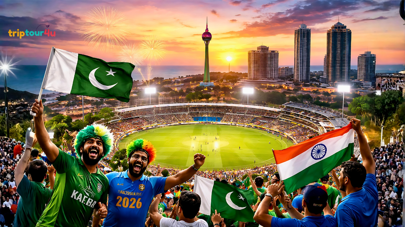 Fans celebrating at R. Premadasa Stadium in Colombo with Pakistani and Indian flags during the Pakistan vs India match, showing stadium, city skyline, and fireworks.