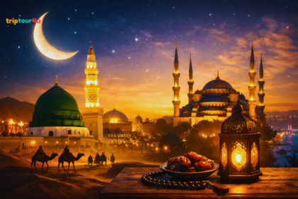 Ramadan 2026 spiritual travel scene showing mosques at sunset, lantern, prayer beads, dates, and people riding camels.