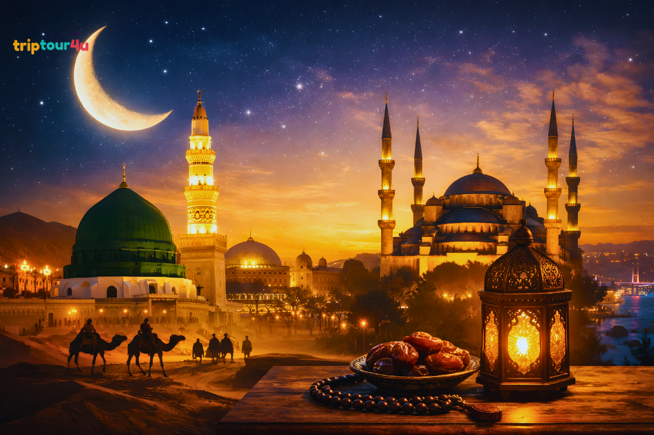 Ramadan 2026 spiritual travel scene showing mosques at sunset, lantern, prayer beads, dates, and people riding camels.