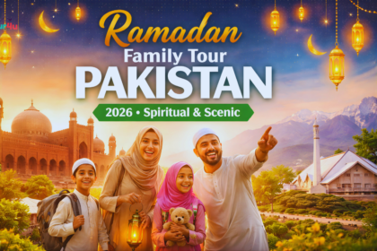 Family enjoying Ramadan travel in Pakistan with scenic mosques and mountains in the background.