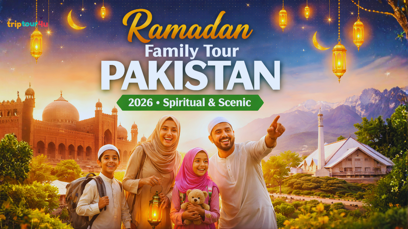Family enjoying Ramadan travel in Pakistan with scenic mosques and mountains in the background.
