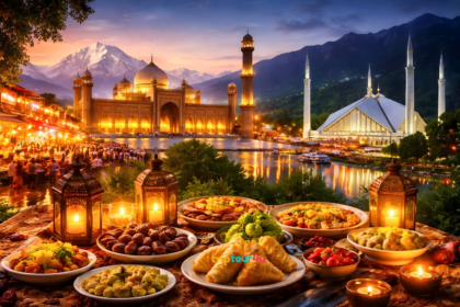 Ramadan in Pakistan with Iftar feast, illuminated mosques, and festive evening atmosphere