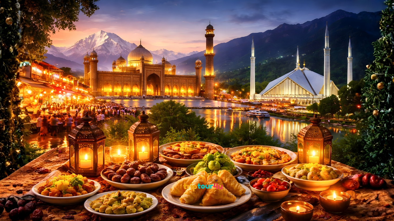 Ramadan in Pakistan with Iftar feast, illuminated mosques, and festive evening atmosphere