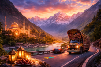 Scenic Pakistan road trip during Ramadan with a decorated SUV, snow-capped mountains, a mosque, and glowing lanterns at sunset.