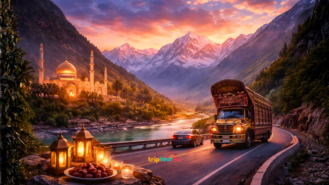 Scenic Pakistan road trip during Ramadan with a decorated SUV, snow-capped mountains, a mosque, and glowing lanterns at sunset.