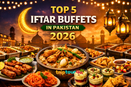Top 5 Iftar Buffets in Pakistan 2026 featured image showing Ramadan buffet dishes, lanterns, crescent moon, and mosque background.