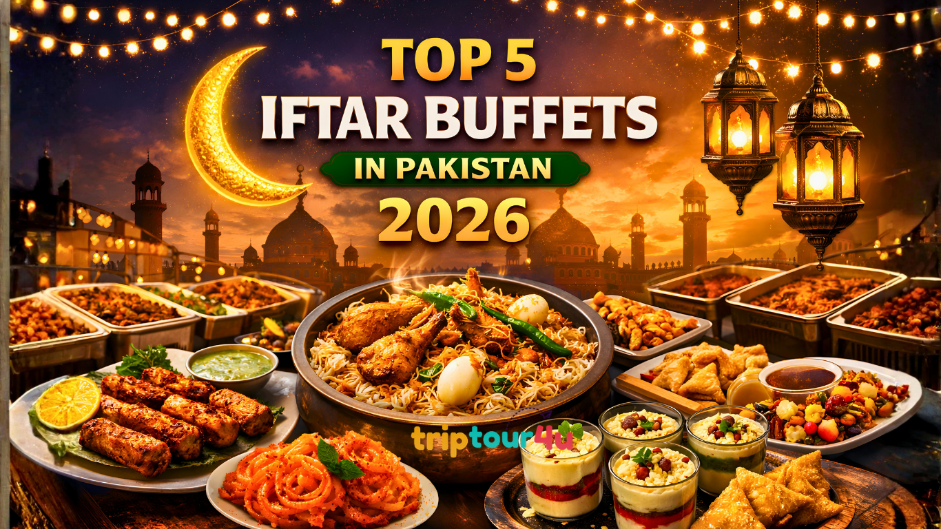 Top 5 Iftar Buffets in Pakistan 2026 featured image showing Ramadan buffet dishes, lanterns, crescent moon, and mosque background.