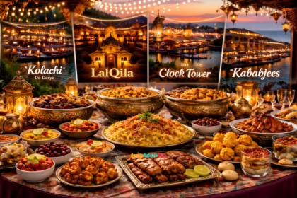 Karachi Ramadan Buffet 2026 featured image showing luxury iftar spread with Kolachi, LalQila, Clock Tower, Saltanat, and Kababjees restaurants in the background.