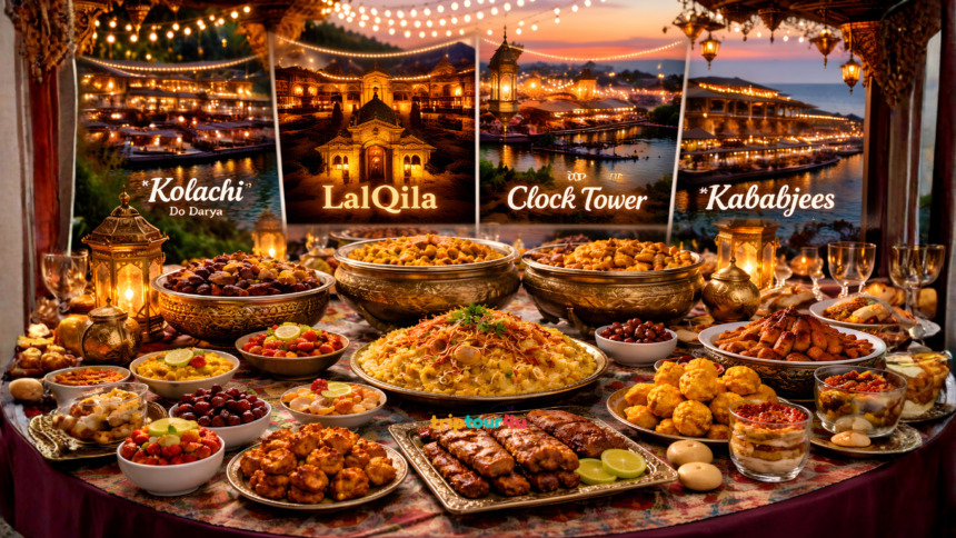 Karachi Ramadan Buffet 2026 featured image showing luxury iftar spread with Kolachi, LalQila, Clock Tower, Saltanat, and Kababjees restaurants in the background.