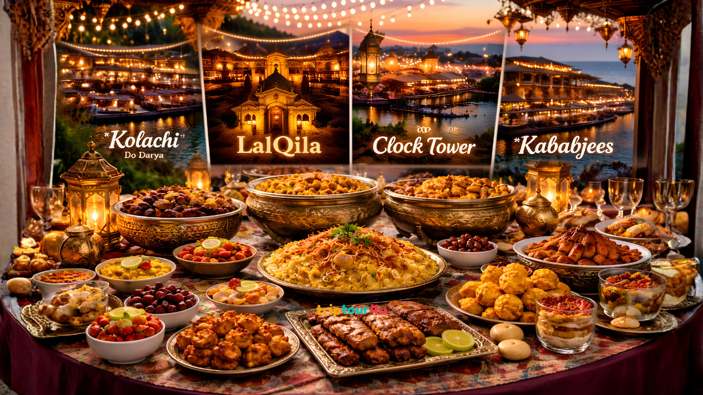 Karachi Ramadan Buffet 2026 featured image showing luxury iftar spread with Kolachi, LalQila, Clock Tower, Saltanat, and Kababjees restaurants in the background.