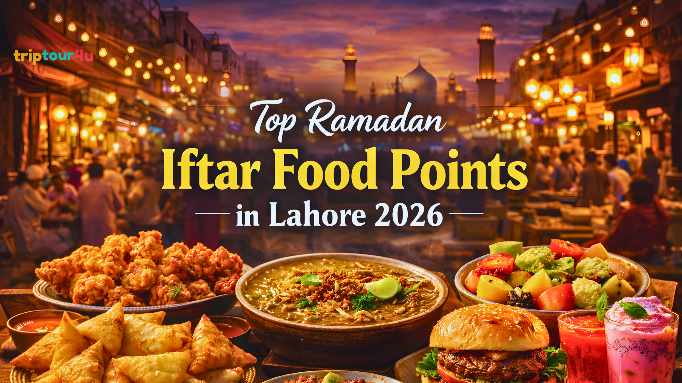 Top Ramadan Iftar Food Points in Lahore 2026 with traditional Iftar dishes, street food, and a lively Ramadan food street atmosphere