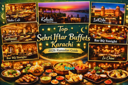 Collage of top Sehri and Iftar buffets in Karachi 2026 featuring Nadia Cafe, Kolachi, LalQila, Saltanat, Bar BQ Tonight, La Chine, Rajdhani Delights, Mizaaj, Coconut Grove, and Big Tree House with Ramadan decorations.