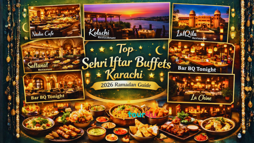Collage of top Sehri and Iftar buffets in Karachi 2026 featuring Nadia Cafe, Kolachi, LalQila, Saltanat, Bar BQ Tonight, La Chine, Rajdhani Delights, Mizaaj, Coconut Grove, and Big Tree House with Ramadan decorations.