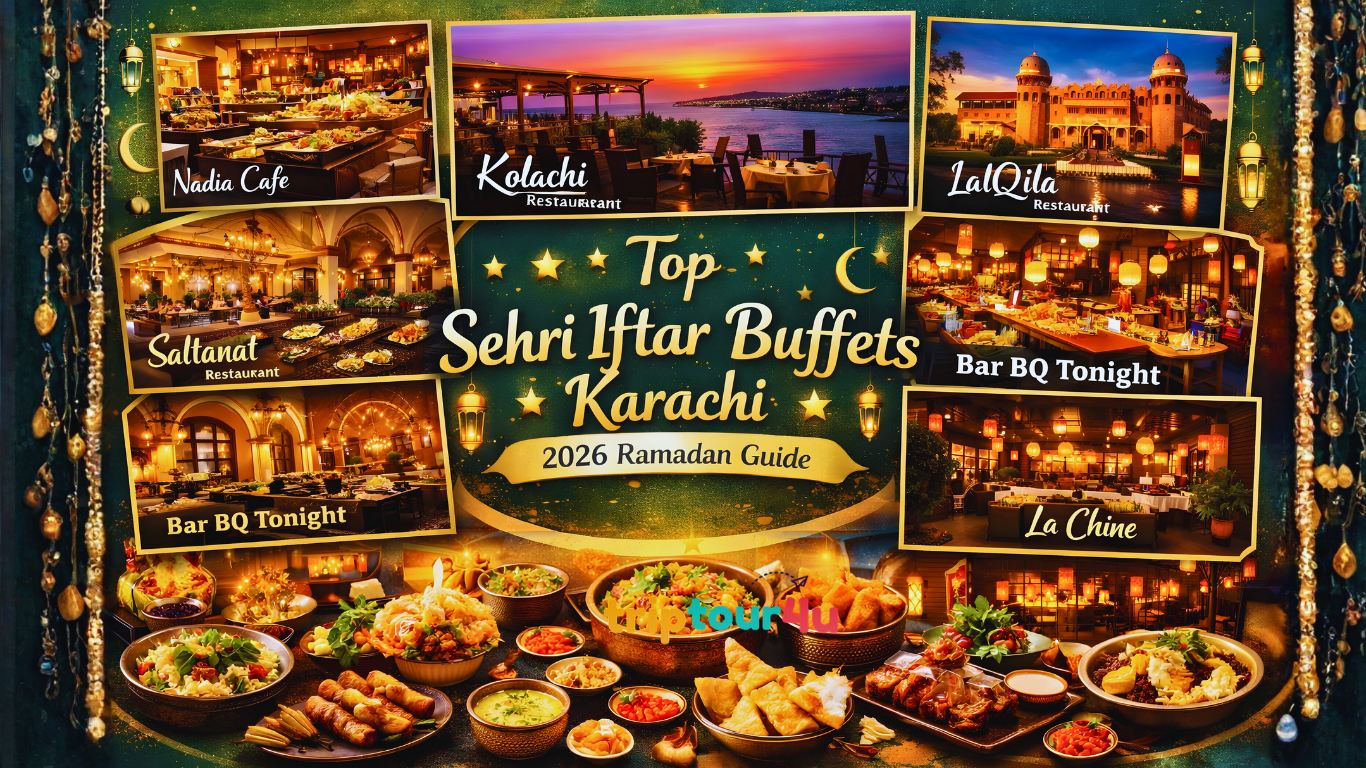 Collage of top Sehri and Iftar buffets in Karachi 2026 featuring Nadia Cafe, Kolachi, LalQila, Saltanat, Bar BQ Tonight, La Chine, Rajdhani Delights, Mizaaj, Coconut Grove, and Big Tree House with Ramadan decorations.