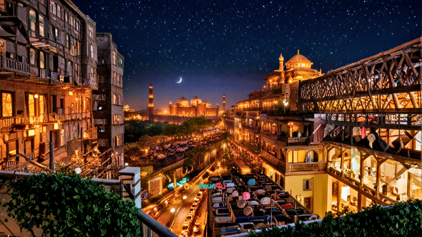Illuminated Badshahi Mosque and Fort Road Food Street in Lahore at night with rooftop dining and crescent moon.