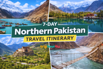 Northern Pakistan travel itinerary 7-day guide featuring Attabad Lake, Hunza Valley, Baltit Fort, Skardu, and Hussaini Suspension Bridge.