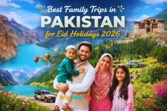 Best family trips in Pakistan for Eid Holidays 2026 featuring Hunza, Skardu, Swat valleys and a happy family enjoying a scenic mountain travel destination.