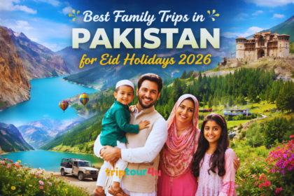 Best family trips in Pakistan for Eid Holidays 2026 featuring Hunza, Skardu, Swat valleys and a happy family enjoying a scenic mountain travel destination.