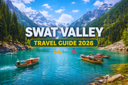 Swat Valley scenic lake with boats, snow-covered mountains, and lush green forest in Pakistan.