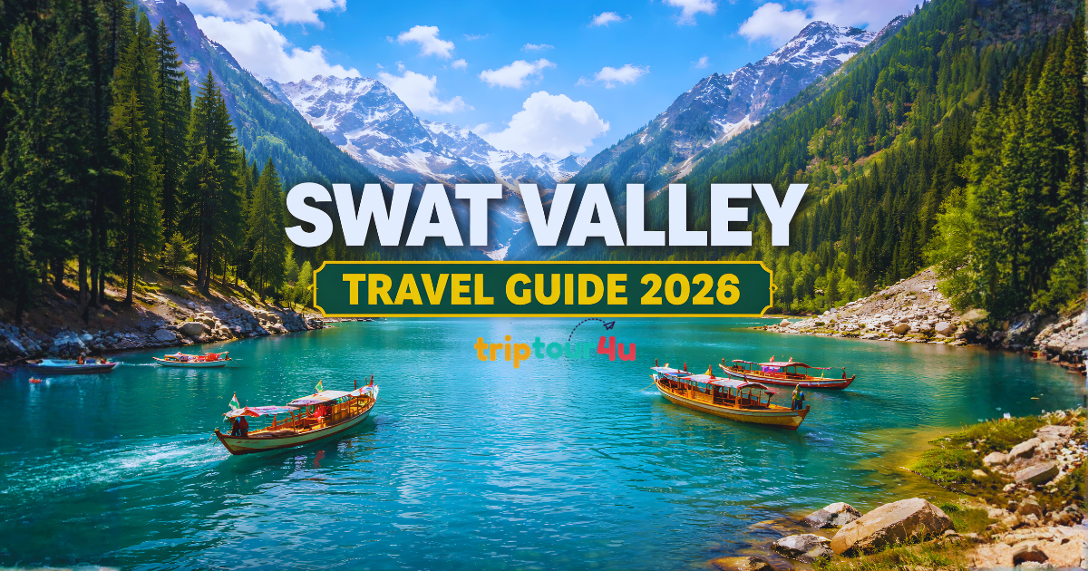 Swat Valley scenic lake with boats, snow-covered mountains, and lush green forest in Pakistan.