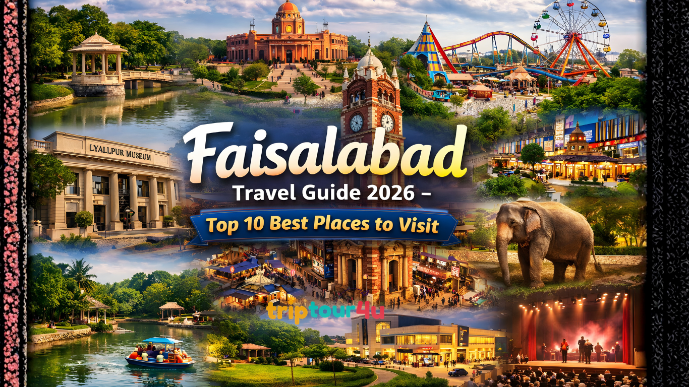Faisalabad Travel Guide 2026 featured image collage showing Ghanta Ghar, Jinnah Garden, Gatwala Park, Lyallpur Museum, and top city attractions.