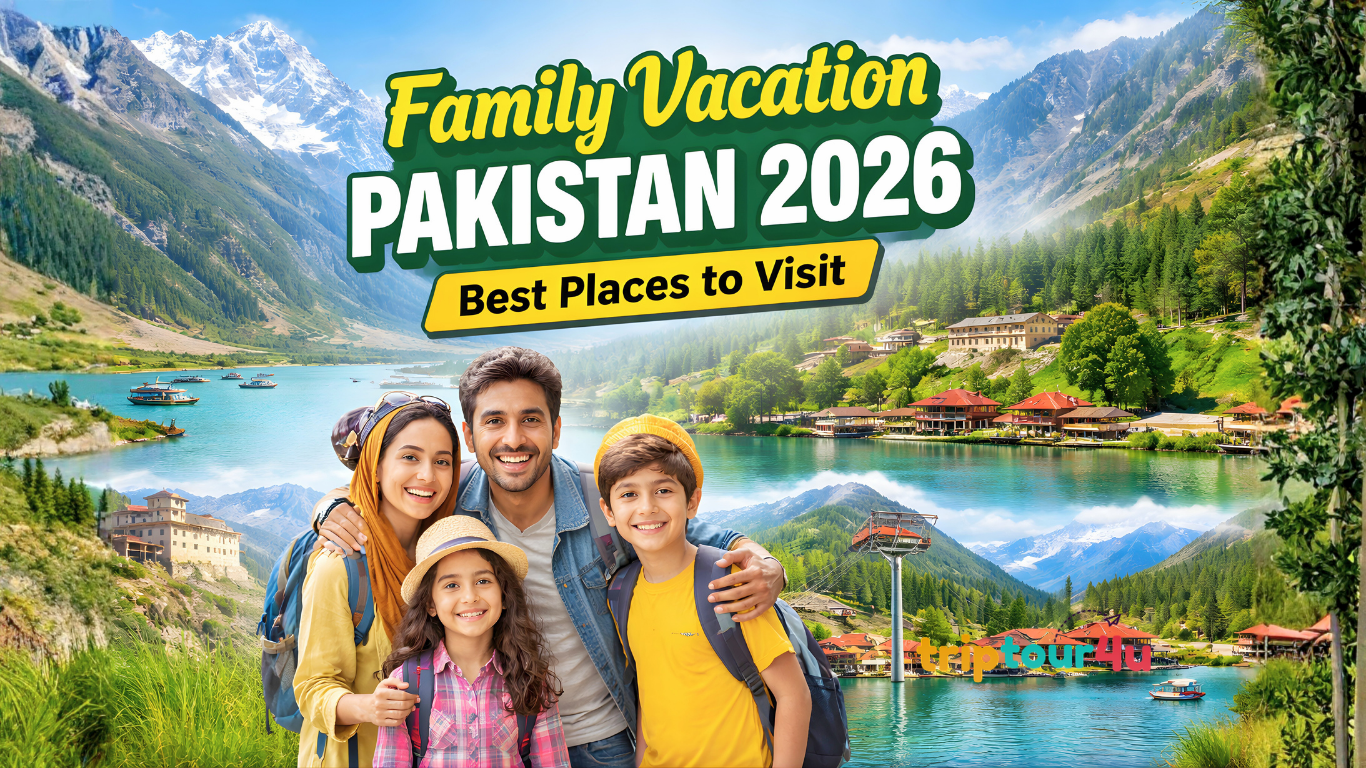 Family enjoying vacation in Pakistan 2026 with mountains, lakes, and hill stations in the background.
