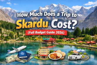 Scenic Skardu Trip view showing lake, mountains, and huts – a visual guide for Skardu Trip Cost 2026 including flights, hotels, food, and transport.