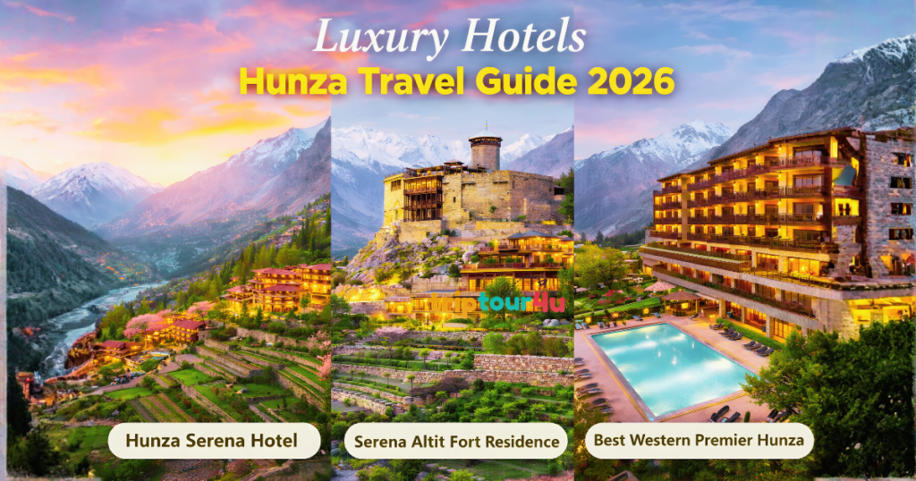 Luxury hotels in Hunza Valley featuring mountain views, terraced gardens, historic fort residence, and modern resort with pool at sunset