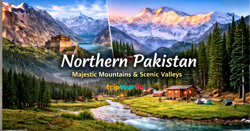 Scenic landscape of Northern Pakistan featuring snow-capped mountains, lush green valleys, a flowing river, pine forests, wooden cabins, and a historic fort overlooking a lake.