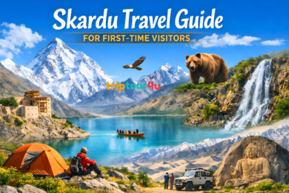 Skardu travel guide for first-time visitors featuring mountains, lakes, desert, waterfalls, and camping scenes.
