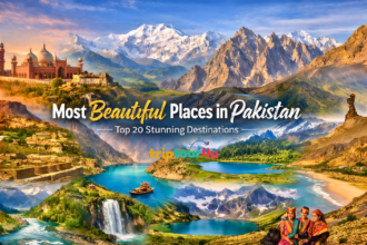 Most Beautiful Places in Pakistan featuring Hunza Valley, Skardu, Fairy Meadows, Swat Valley, and Attabad Lake scenic landscape collage.