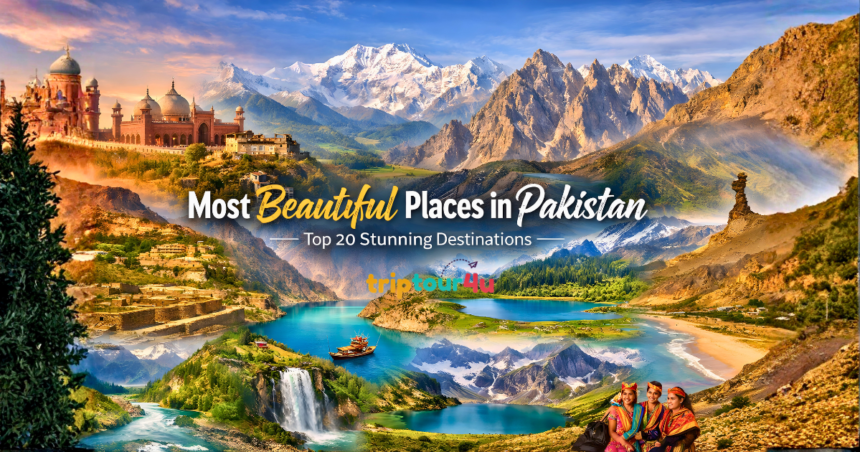 Most Beautiful Places in Pakistan featuring Hunza Valley, Skardu, Fairy Meadows, Swat Valley, and Attabad Lake scenic landscape collage.