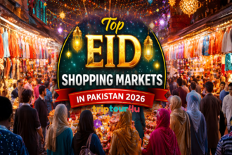 Crowded Eid shopping market in Pakistan 2026 with shoppers, colorful clothes, jewelry, and festive lights.