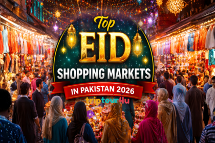 Crowded Eid shopping market in Pakistan 2026 with shoppers, colorful clothes, jewelry, and festive lights.