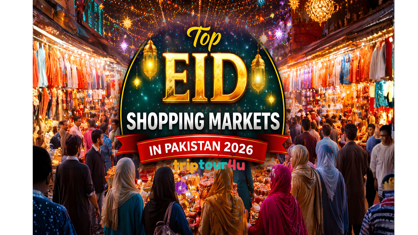 Crowded Eid shopping market in Pakistan 2026 with shoppers, colorful clothes, jewelry, and festive lights.