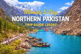 Travel Safety Guide for tourists visiting Pakistan 2025 with mountain landscape and national flag