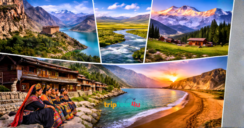 Person standing on a balcony overlooking a beach with large rocks, clear water, and greenery, with a chat screenshot and a collage-style graphic showing a confused man holding a “peace plan” paper, balloons, and loud visual elements.