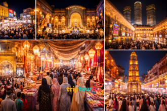 Ramadan and Eid shopping collage 2026 in Pakistan featuring Karachi, Lahore, Islamabad, and Faisalabad markets at night.