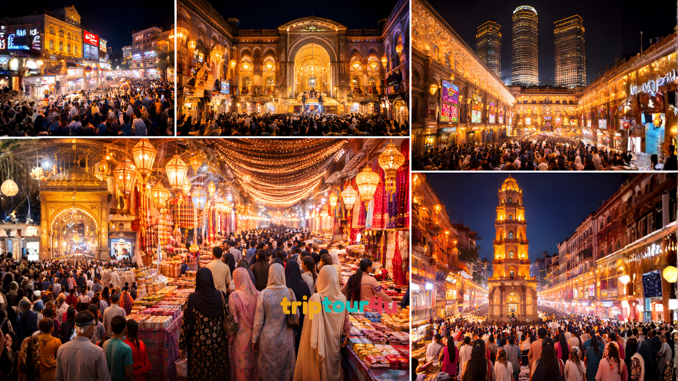 Ramadan and Eid shopping collage 2026 in Pakistan featuring Karachi, Lahore, Islamabad, and Faisalabad markets at night.