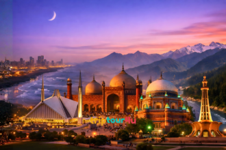 Ramadan evening skyline of Pakistan featuring Faisal Mosque, Badshahi Mosque, Karachi coastline, Minar-e-Pakistan, and northern mountains.