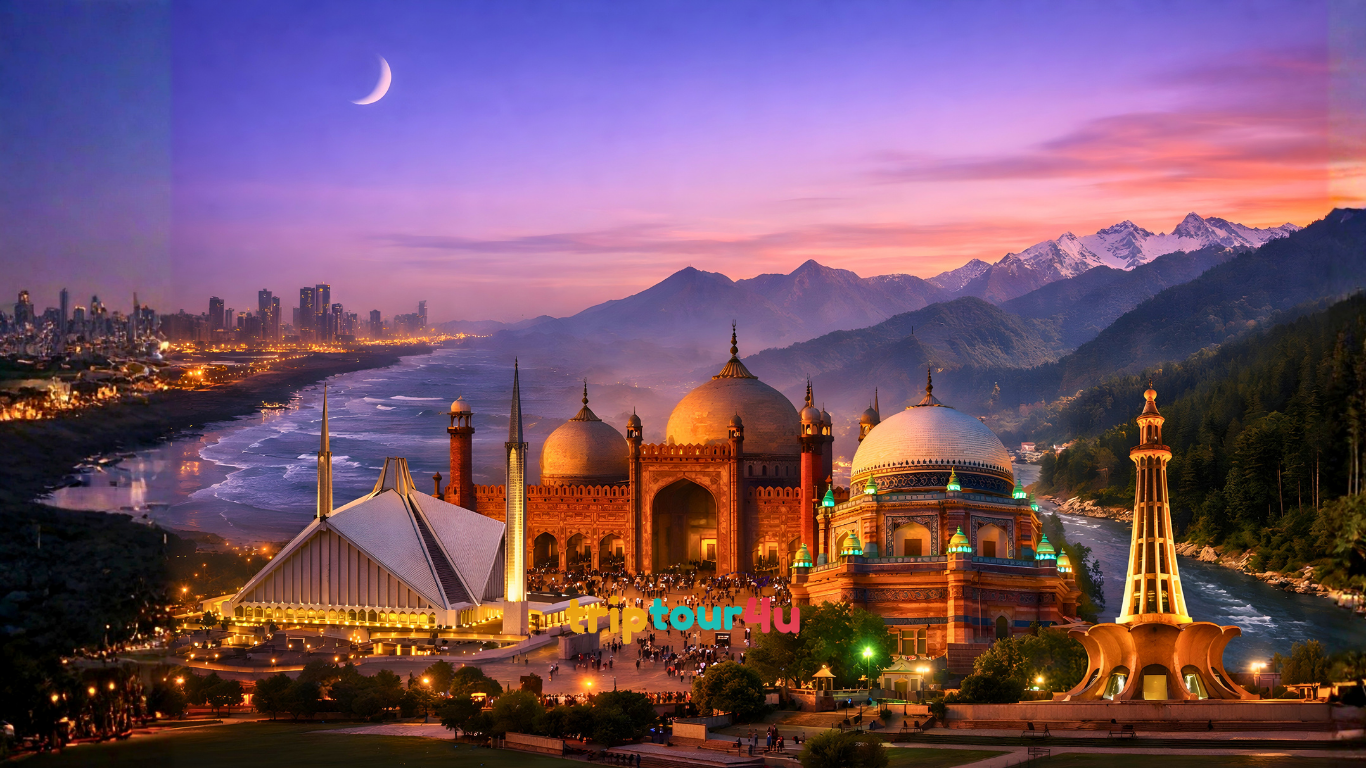 Ramadan evening skyline of Pakistan featuring Faisal Mosque, Badshahi Mosque, Karachi coastline, Minar-e-Pakistan, and northern mountains.