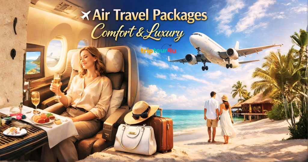 A luxury air travel advertisement showing a first-class airplane cabin with a relaxed passenger enjoying champagne and gourmet food, paired with a scenic beach destination where a couple walks along the shore under a flying airplane, symbolizing comfort and luxury travel packages.