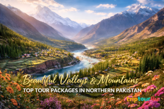 Beautiful valleys and snow-capped mountains in Northern Pakistan with a flowing river and scenic village landscape