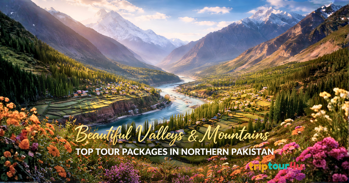 Beautiful valleys and snow-capped mountains in Northern Pakistan with a flowing river and scenic village landscape
