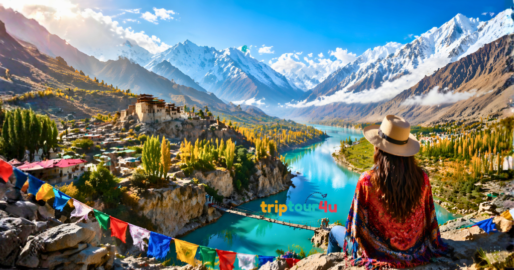 A wide, scenic mountain landscape of Hunza featuring snow-covered peaks, a turquoise river winding through a vibrant valley, a traditional hilltop village, and a traveler sitting on a cliff overlooking the breathtaking view.