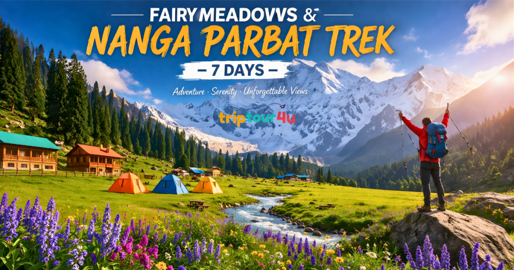 “Fairy Meadows & Nanga Parbat Trek – 7 Days,” showing a lush alpine meadow with colorful tents, wooden cabins, a flowing stream, and wildflowers, set against towering snow-covered mountains, with a hiker standing on a rock raising trekking poles toward the view.