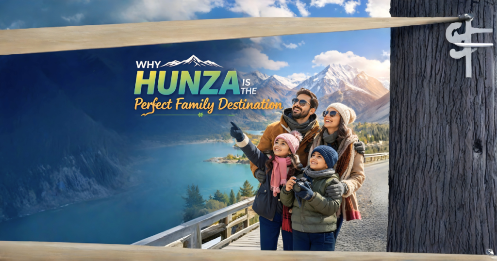 Happy family enjoying Hunza Valley with snow-covered mountains, lake view, and the text “Why Hunza Is the Perfect Family Destination” displayed prominently