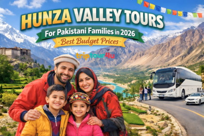 Happy Pakistani family enjoying Hunza Valley tour with mountains, Baltit Fort, and scenic river view in 2026